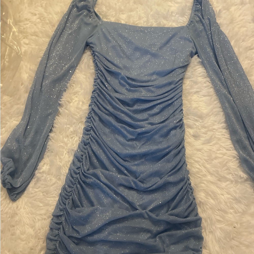 Jump Blue Ruched Bodycon Dress with Bishop Sleeves
